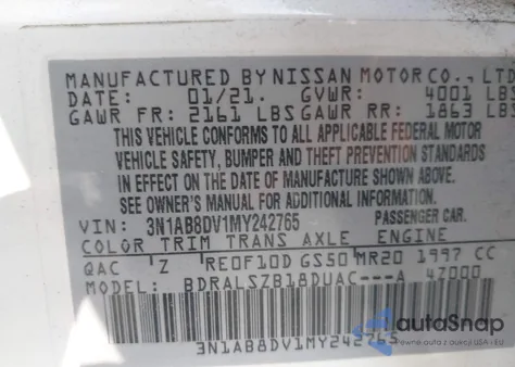 2021 Nissan Sentra Sr из США, поврежденный, VIN 3N1AB8DV1MY242765